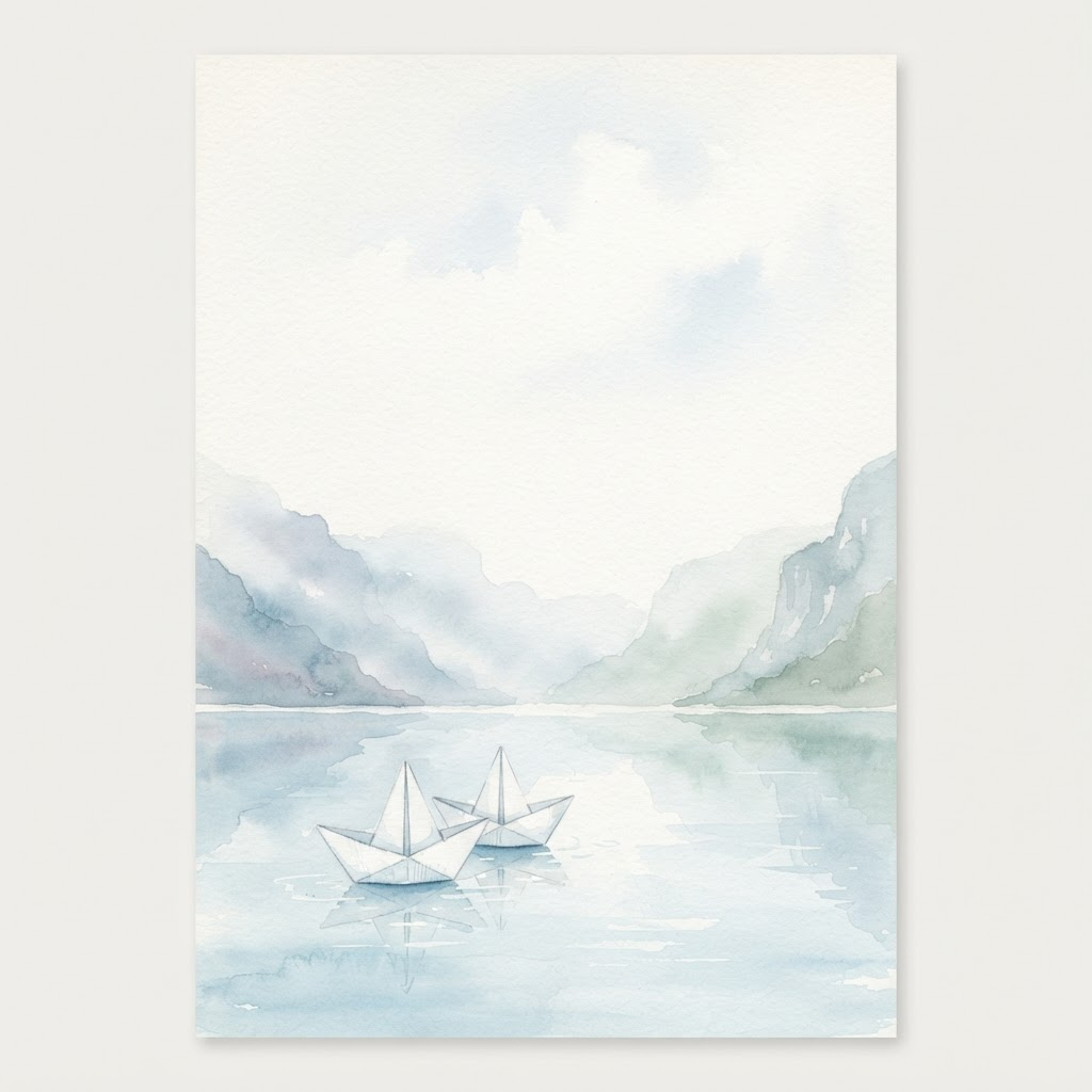 Akvarell av to små papirbåter som flyter side om side på en stille fjord